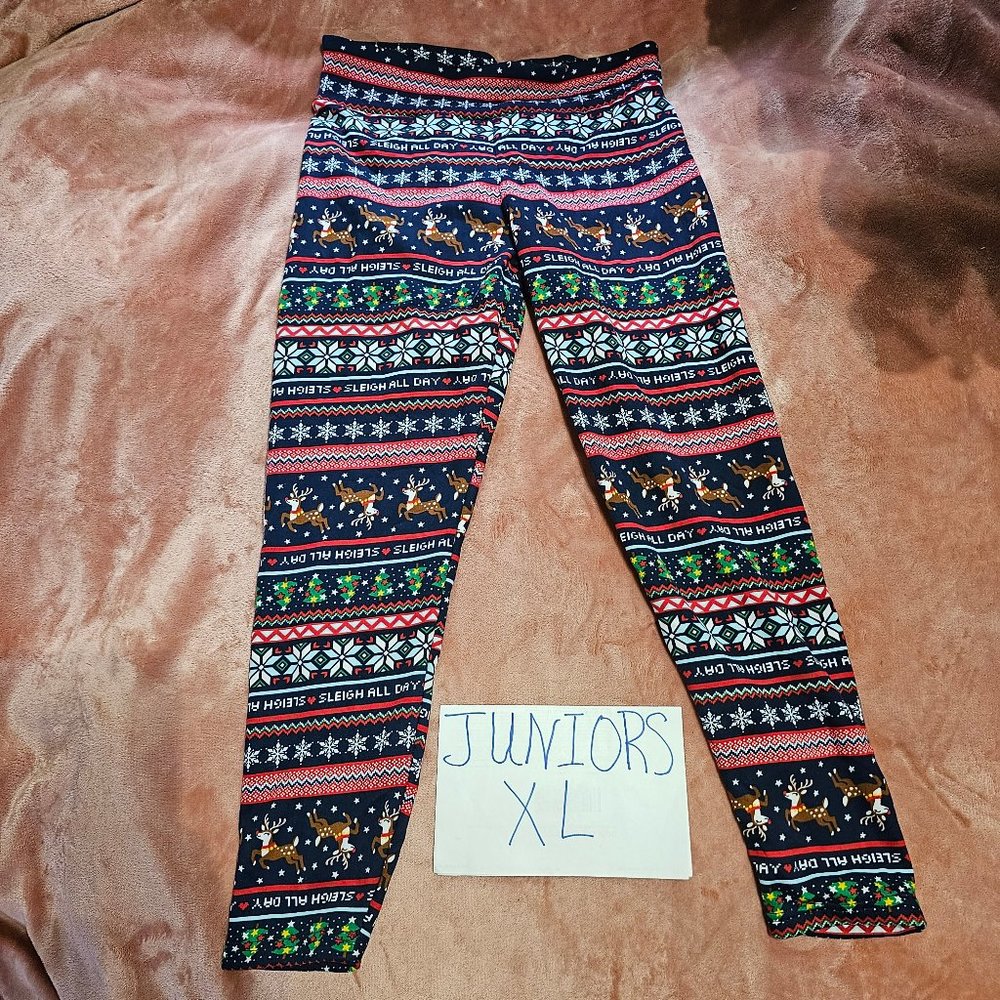Juniors XL Reindeer Sleigh All Day Faux Fur Lined Black Pull On Legging Bottoms